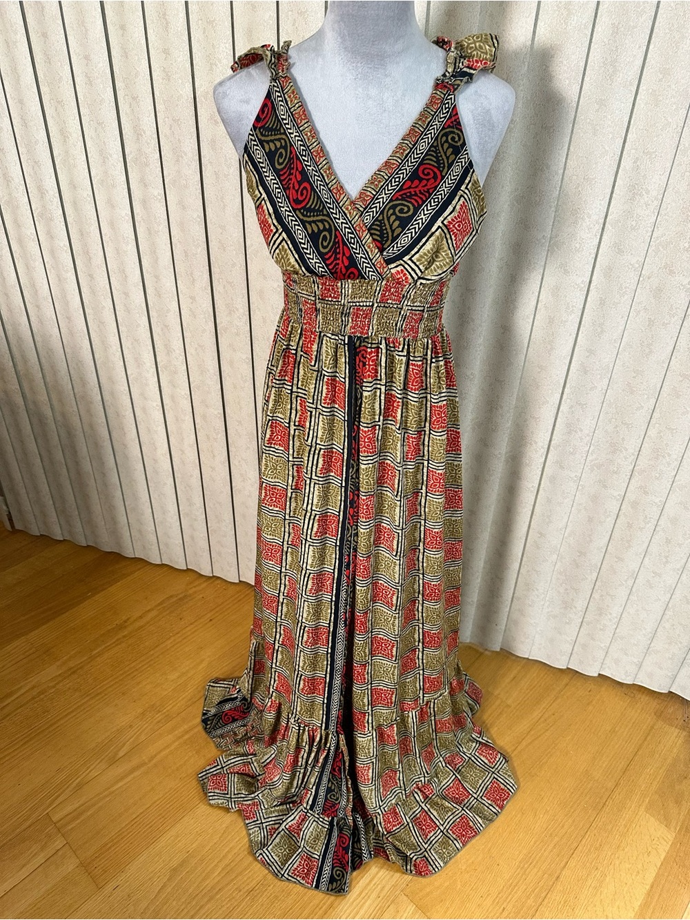 Bohemian Patterned Red and Gold Maxi Dress